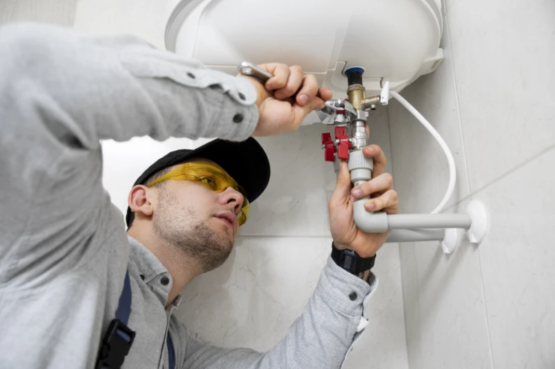 Close-up of a geyser being serviced by a plumber.