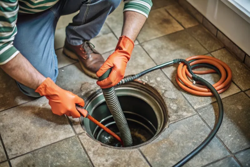 Professional plumber providing drain cleaning services in Johannesburg using electro-mechanical equipment to clear a blocked indoor floor drain.